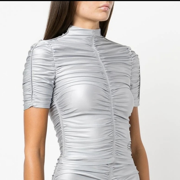 NWT$350 Alexander Wang Ruched Mock Neck Logo Silver Fox Crop Top Back Zip Sz XS - Picture 6 of 15